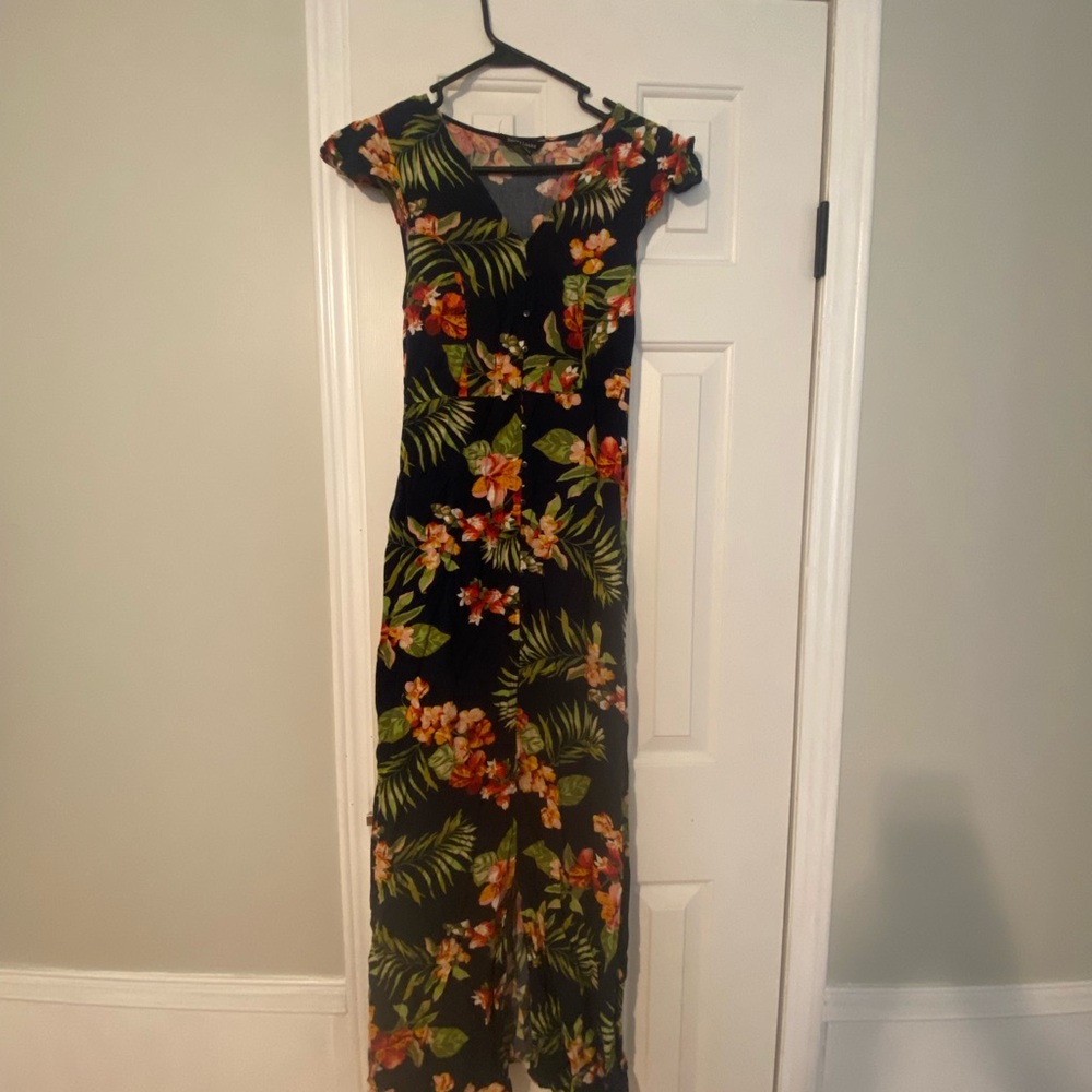 Navy tropical Floral Sheath Maxi Dress with Cap Sleeves